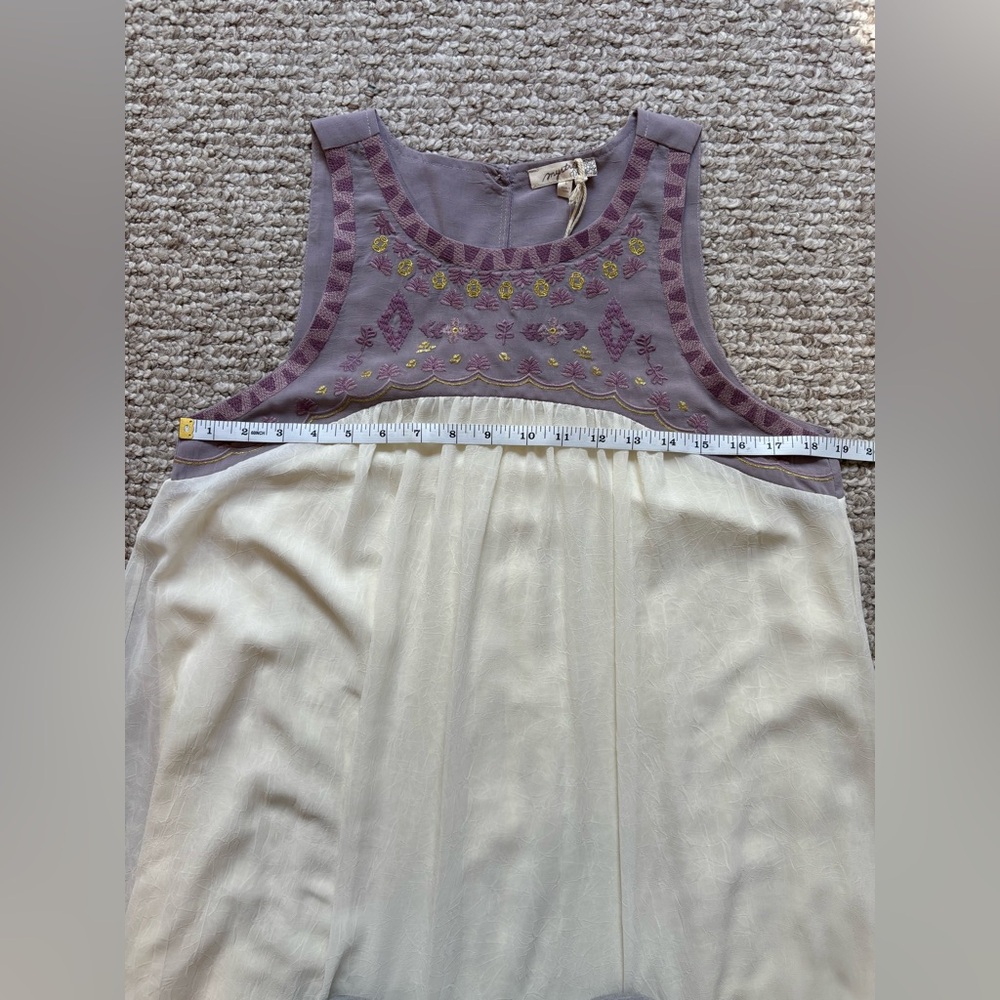 Mystree  Embroidered‎ Yoke Dress Crinkle Chiffon Cream Gold Lavender NWT Large - Picture 7 of 8
